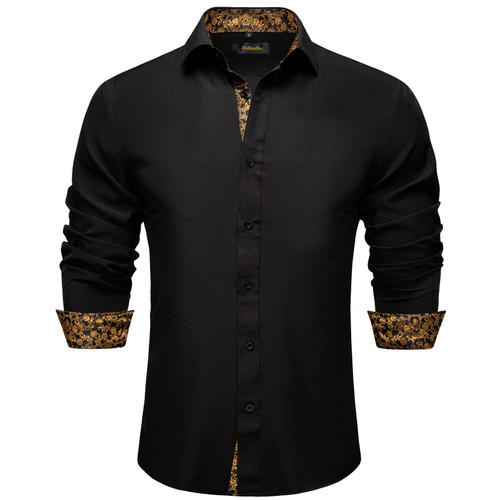 DiBanGu Black Gold Dress Shirts for Men Black Floral Dress Shirt Long Sleeve Inner Contrast Solid Color Button-Down Shirt XL