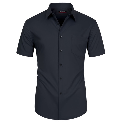 FAHIZO Men's Short Sleeve Dress Shirt Regular Fit Soild Casual Business Stretch Button Down Shirts with Pocket, Black-3XL