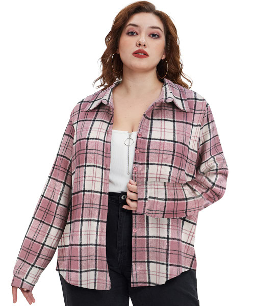 TIYOMI Plus Size Tops for Women Long Sleeve Blouses Button Down Oversized Pink Plaid Tee Loose Fit Shirts Fall Winter Flannel Shacket Jacket Gingham Christmas Shirts XL 14W 16W