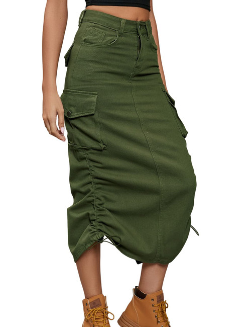 Arssm Women Cargo Skirt with Pockets Midi Y2k Skirt Vintage Ruched Drawstring Long Denim Skirts(Army-L)