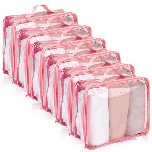 6 Pieces Large Clear Travel Packing Cube Clear Vinyl Zippered Storage Bags See Through Moving Bag PVC Multipurpose Pouch with Handle for Suitcase Shirts Dress Storage (Pink,11.8 x 10.2 x 3.9 Inch)