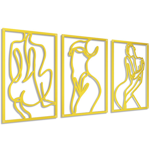 THEYFIRST 3 Pcs Modern Minimalist Wall Decor Abstract Line Art Wall Decor Line Drawing Metal Wall Art Woman Body Shape Art Print Decor for Bedroom Living Room Wall (Gold)