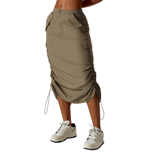 Women Trendy Y2K Cargo Midi Skirts Vintage Solid Low Rise Side Drawstring Split A-line Long Skirt with Pockets Streetwear Khaki Large Women Trendy Y2K Cargo Midi Skirts Vintage Solid Low Rise Side Drawstring Split A-line Long Skirt with Pockets Streetwear Khaki Large