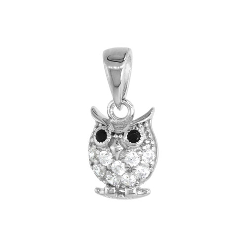 Tiny Sterling Silver Black CZ Owl Necklace for Women Micropave Rhodium Plated 16 inch RHB206H