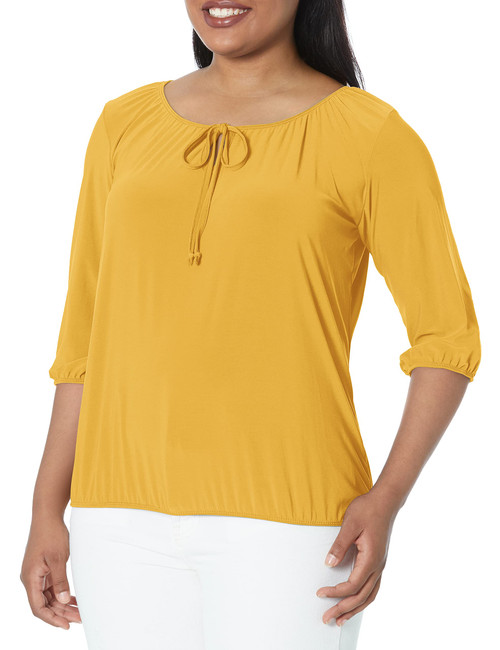 Star Vixen Women's Plus Size 3/4 Sleeve, Front Tie Peasant Top, Mustard, 2X