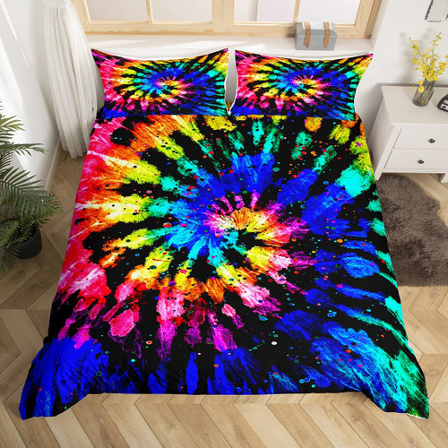 Tie Dye Bedding Set Boho Hippie Tie Dye Duvet Cover Set for Kids Boys Girls Teens Watercolor Marble Comforter Cover Rainbow Psychedelic Swirl Bedspread Cover Bedroom Decor Quilt Cover Full Size