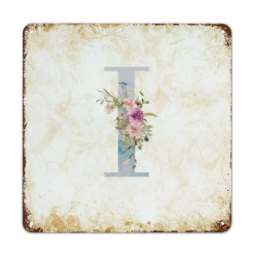NoneQeleve Blue Marble Floral Initial Letter I Metal Signs Retro Wall Plaque Personalized Initials Metal Tin Sign for Garage Man Cave Kitchen Bedroom 15x15