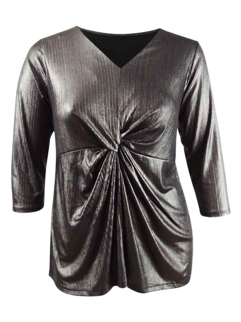 Alfani Women's Gunmetal Shimmer Textured Twist Front V Neck Top Plus Size 1X NEW