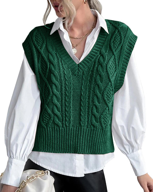 Lueluoye Womens Sleeveless V Neck Sweater Vest Fall Loose Crochet Knit Tank Tops Green S