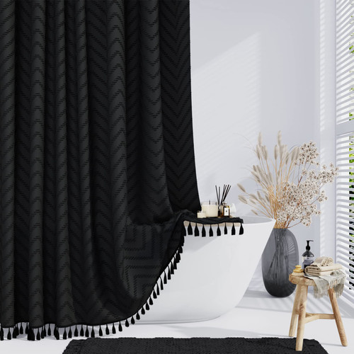 Dynamene Extra Long Shower Curtains, 96 Inches Long Boho Tufted Chevron Striped Fabric Shower Curtains for Bathroom, Tall Minimalist Waterproof Cloth Shower Curtain Set with 12 Hook, Black, 72x96 Dynamene Extra Long Shower Curtains, 96 Inches Long Boho Tufted Chevron Striped Fabric Shower Curtains for Bathroom, Tall Minimalist Waterproof Cloth Shower Curtain Set with 12 Hook, Black, 72x96