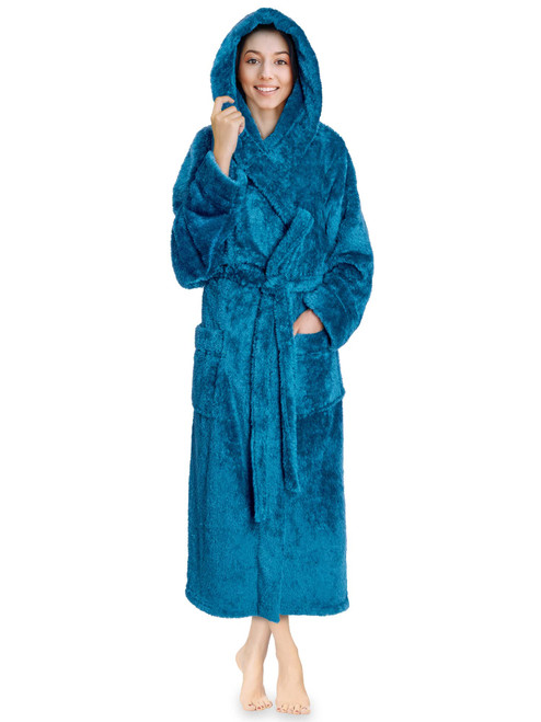 PAVILIA Women Hooded Plush Soft Robe | Fluffy Warm Fleece Sherpa Shaggy Bathrobe (L/XL, Turquoise Blue)