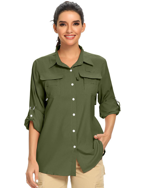 Women's Long Sleeve Shirts UPF 50+ UV Sun Protection Safari Shirt, Outdoor Cool Quick Dry Fishing Hiking Gardening PGF Clothes #5055-Army Green-XXXL