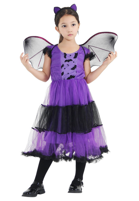 EOZY Girls Bat Vampire Costume Kids Halloween Clothes Animal Cosplay Purple Dress (7-9 Years)
