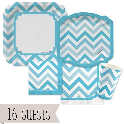 Big Dot of Happiness Chevron Blue - Party Tableware Plates, Cups, Napkins - Bundle for 16