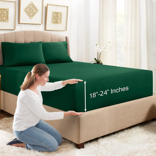Empyrean Extra Deep Fitted Sheets Full Size - 24" Extra Deep Fitted Sheets with Bonus 2 Pillowcases - 3 Piece Extra Deep Fitted Bed Sheet - Extra Deep Full Size Fitted Bed Sheets - Hunter Green