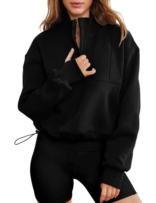 LOMON Womens Fleece Lined Half Zip Sweatshirt Long Sleeve Workout Cropped Tops Drawstring Black 1/4 Zipper Collar Pullover with Pockect XXL