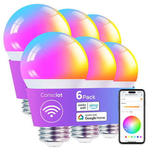 Consciot Smart Light Bulbs, WiFi Color Changing Light Bulb, LED Light Bulb That Works with Alexa & Google Home, A19 E26 Smart Bulb 60 watt Equivalent, Music Sync, Dimmable Smart LED Bulb, 6 Pack