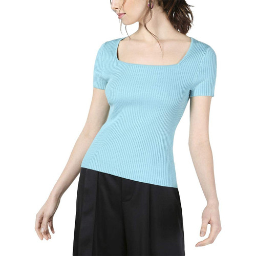 bar III Women's Blouse Medium Knit Ribbed Square Neck Blue M