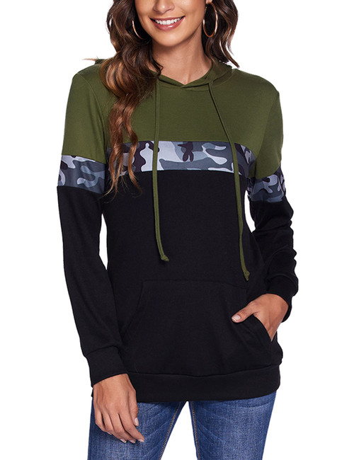Bluetime Women Color Block Hoodies Long Sleeve Camo Tops Casual Drawstring Pullover Sweatshirts with Pocket (S, Camo Olive Green)