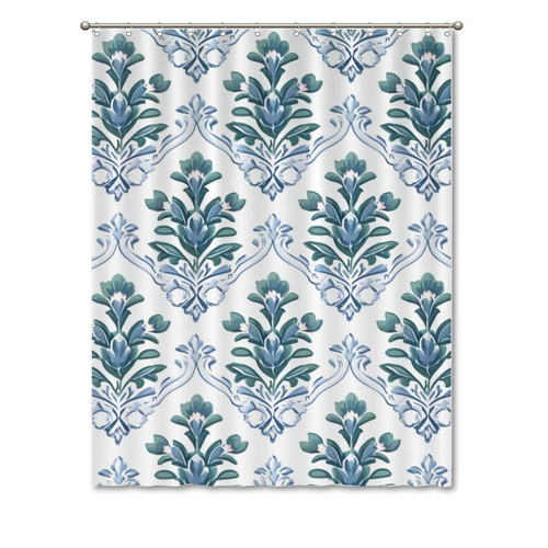 Yinrune Blue and White Blue Lotus Shower Curtain Set with Hooks Chinoiserie Style Shower Curtains for Bathroom Asian Bath Curtains Bathroom Decor Polyester Fabric Shower Curtains with Holes