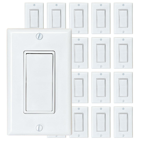 [20-Pack] PROCURU Decorator Paddle Rocker Light Switch, Single Pole, 3-Wire, Grounding 15A 120V-277V, White, UL Certified, Includes Wall Plate Covers