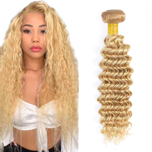 DiexrLamx Hair Blonde Bundles Human Hair P27/613 Deep Wave Human Hair Bundles Brazilian Unprocessed Virgin Hair 1 Bundle 14 Inch Two Tone Honey Blonde Deep Wave Bundles Hair Weave