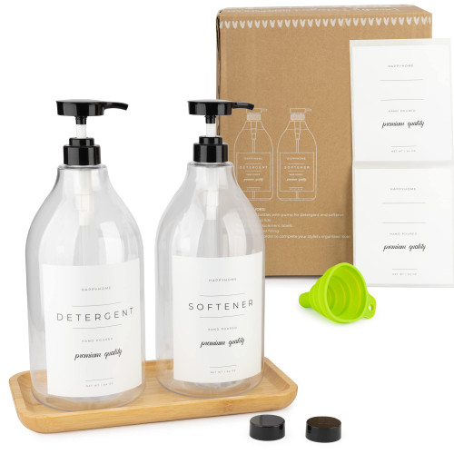 Laundry Detergent Dispenser for Laundry Room - Two 64oz Plastic Bottles - Includes Pumps, Screw Caps, Collapsible Funnel, Extra Labels, Measuring Cup & Bamboo Tray (Detergent & Softener Bottle Set)