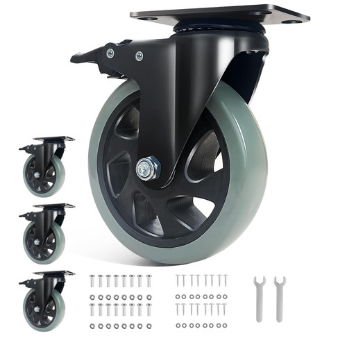 5 Inch Caster Wheels, Casters Set of 4 Heavy Duty, BZOLIHEU Locking Casters, Silent Top Plate Swivel Casters with Brake, Polyurethane Castor Wheels for Furniture and Workbench Cart, Grey