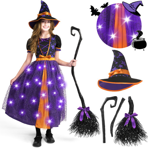 Spooktacular Creations Light Up Purple Witch Costume with Broom for Toddler Girls, Fairy Tale Witch Halloween Costume Dress Up (Medium(8-10 yr))