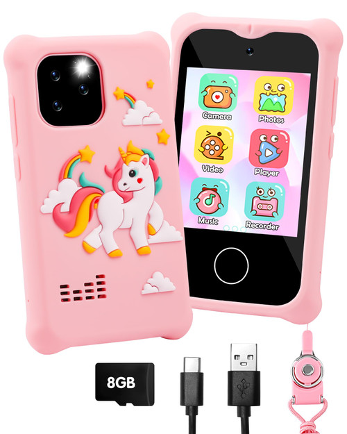 Kids Smart Phone for Girls Toys 8-10 Years Old Touchscreen Learning Toy Christmas Birthday Gift with Dual Camera and MP3 Music Player Phone Toy for 3 4 5 6 7 8 9 Year Old Girls with 8G SD Card Pink