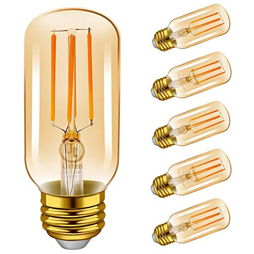 Emotionlite LED Light Bulbs, E26 Dimmable Vintage Edison Tubular Bulb, 40W Equivalent, 2200K Amber, 4W, 300LM, Medium Base, UL Listed, 6 Pack
