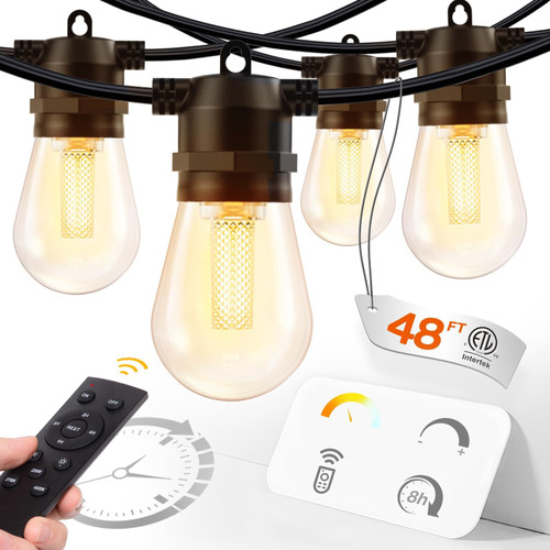 addlon 48FT LED Outdoor String Lights with Remote, Upgraded Dimmable Patio Lights with 15 Edison Shatterproof Bulbs, Weatherproof Strand, Commercial Grade Outdoor Lighting for Garden Gazebo