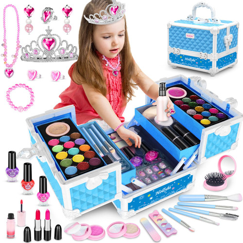 Hollyhi 62Pcs Kids Makeup Kit for Girl, Washable Play Makeup Toys Set for Dress Up, Beauty Vanity Set with Cosmetic Case Birthday Toys for Girls 3 4 5 6 7 8 9 10 11 12 Year Old Kids Toddlers (Frozen)