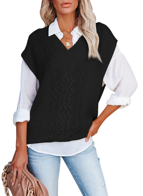 EVALESS Oversized Sweater Vest for Women Plus Size V Neck Sleeveless Sweaters Fall 2023 Cable Knit Solid Color Loose Tank Tops Black XX-Large
