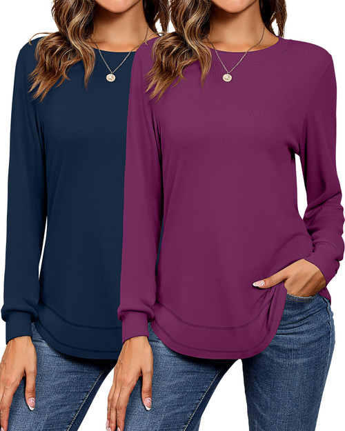 Riyiper 2 Pack Women's Crew Neck Sweatshirts, Long Sleeve Casual Shirts Loose Fit Soft Tunic Tops Plain Basic Pullover Tees (Dark Blue, Fuchsia,Medium)