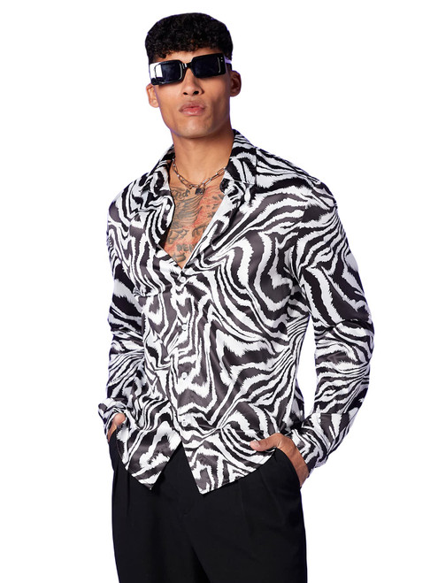 Floerns Men's Zebra Striped Print Long Sleeve Button Down Shirt Blouse Top Black and White L