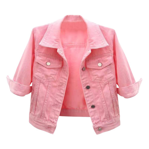 Mundoven Cropped Denim Jacket for Women 3/4 Sleeve Colored Light Ripped Short Jean Jackets Trucker Coats(0009-Pink-S)