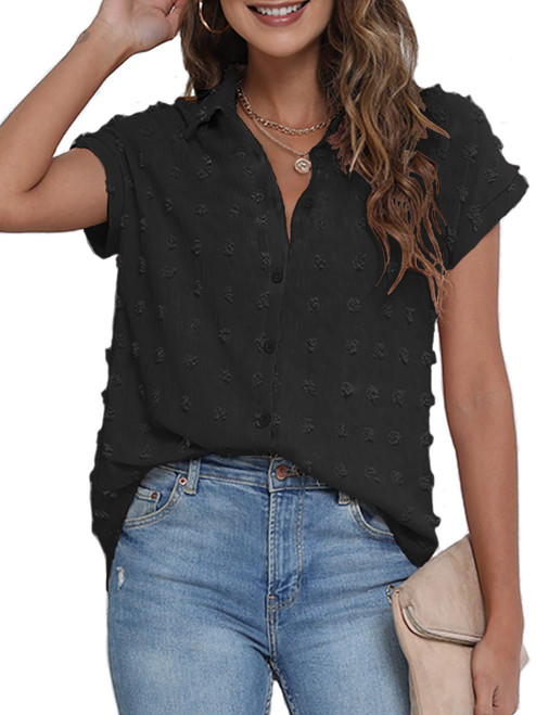 BOTHENIAL Women Black Button Up Shirt Dressy Casual Work Tops Chiffon Blouse Summer Short Sleeve Shirts (Black,Medium)