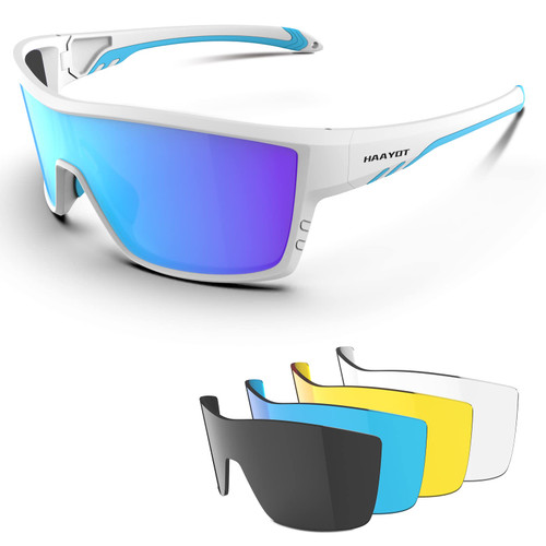 HAAYOT Polarized Sports Sunglasses for Men Women,Cycling Baseball Fishing Running Biking MTB Glasses with 5 Interchangeable Lenses White Azure Blue