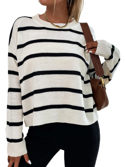 GORGLITTER Women's Striped Drop Shoulder Sweater Long Sleeve Round Neck Pullover Top Black and White Small
