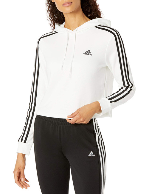 adidas Women's Essentials 3-Stripes Cropped Hoodie, White/Black, Medium