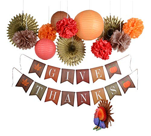 PAPER JAZZ Thanksgiving Party Turkey Honeycomb Centerpiece Table Decoration give Thanks Banner Fall Harvest Party Decoration kit (KIT)