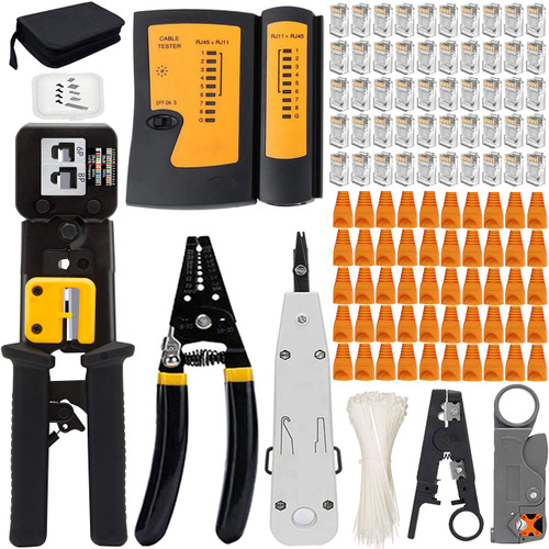 TAIWAIN CAT5 CAT6 RJ45 Crimp Tool kit Lan Cable Tester, Network Crimper Crimping Tool CAT5 CAT6, Ethernet Wire Stripping Repair Kit&RJ45 Crimp, 50PCS Connectors&50PCS Covers (Yellow)