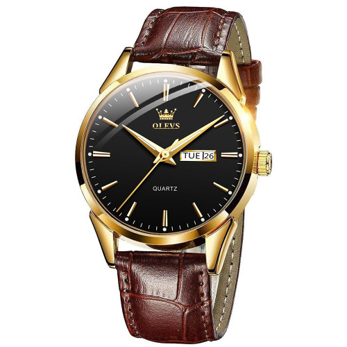 OLEVS Men Watch Leather Analog Quartz Male Dress Week Date Business Classic Luminous Black Face Brown Leather Strap 3ATM Waterproof Wrist Watch Lovers