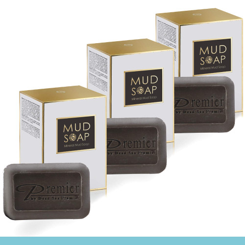 Dead Sea Premier 3-Piece Mineral MUD and salt Soap bar, for Healthy looking skin. Natural body wash, face wash, hand soap, for all Skin Types. Therapeutic and Antibacterial, helps with Acne, Rosacea, Eczema and Psoriasis, 3.4 Oz