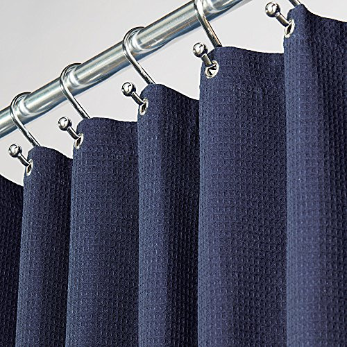 mDesign Hotel Quality Polyester/Cotton Blend Fabric Shower Curtain with Waffle Weave and Rustproof Metal Grommets for Bathroom Showers and Bathtubs - 72" x 72" - Navy Blue