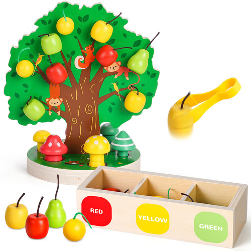 Woodtoe Toddler Fine Motor Skill Toy - Apple Picking Magnetic Fruit Tree Toy | Montessori Wooden Color & Shape Sorting Puzzle | Early Learning Preschool Educational Christmas Toy for Kids 3-6