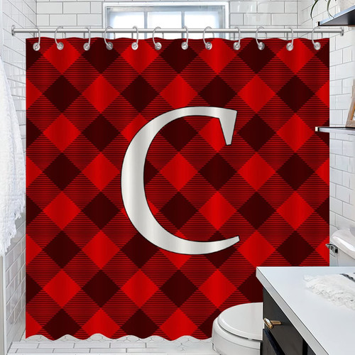 COVOME Shower Curtain Initial Letter C Bathroom Curtain 2022 Red Black Buffalo Plaid Water Repellent Shower Curtain for Bathroom Home Bathroom Decorations 72x72 Inch
