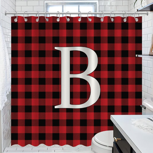 COVOME Bath Curtain Initial Letter B Shower Curtain Set with Hooks Monogram Buffalo Check Durable Bathroom Shower Curtain Sets Home Bathroom Decorations 72x72 Inch