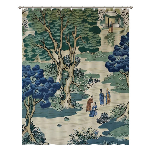 Blue and Green Chinese Dynasty Scenic Shower Curtains 72x92 Inch Polyester Fabric Bathroom Shower Curtains with Hooks Durable Waterproof Shower Curtains for Bathroom Bathtub Home Decoration
